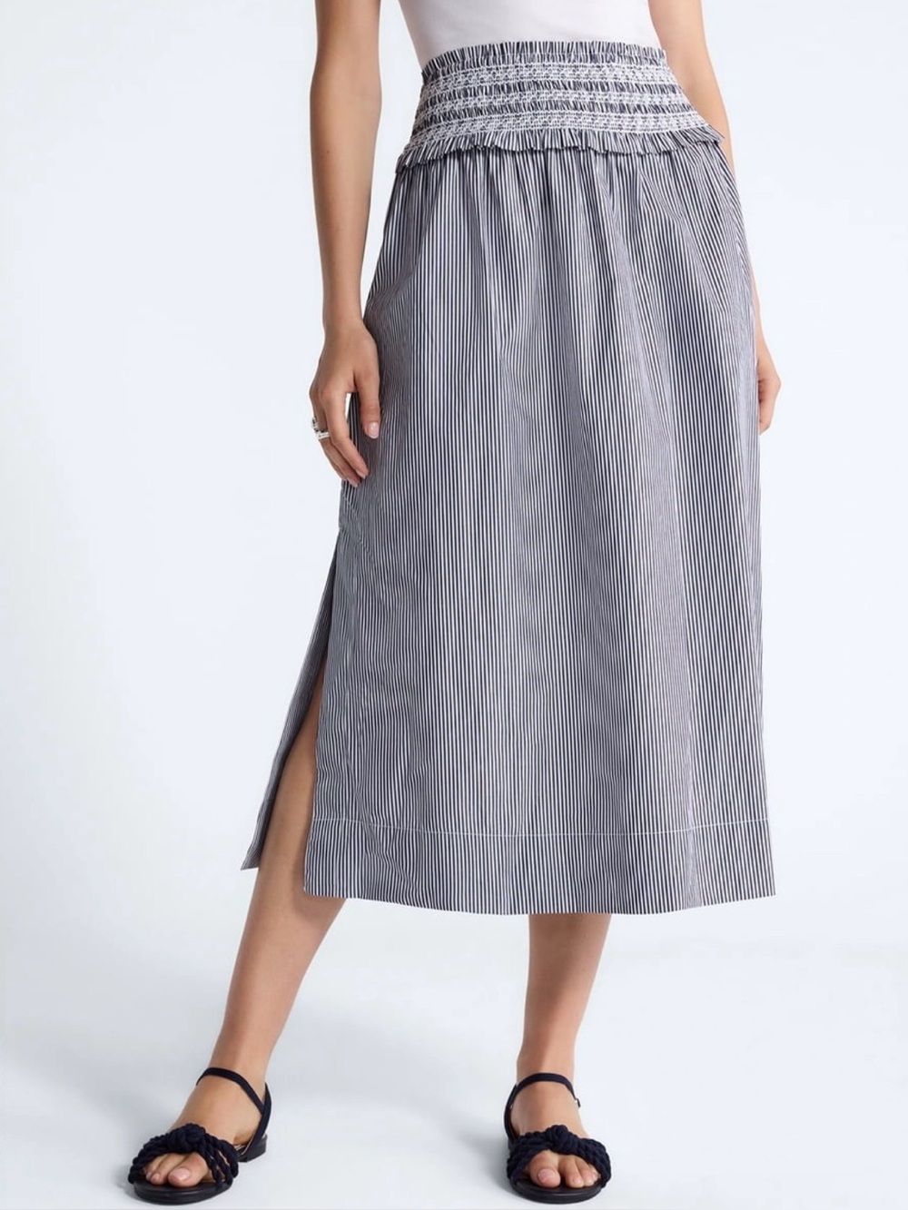 Smocked Waist Striped Cotton Maxi Skirt in Navy/White Small Size